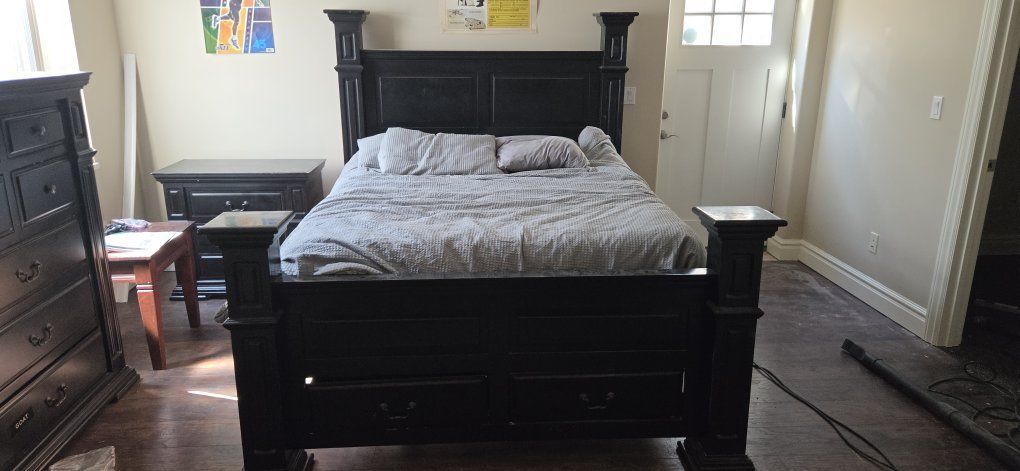 Free Black Wooden Poster Bed Frame with Storage Footboard Drawers