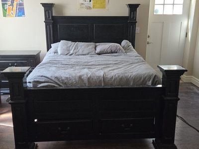 Free Black Wooden Poster Bed Frame with Storage Footboard Drawers