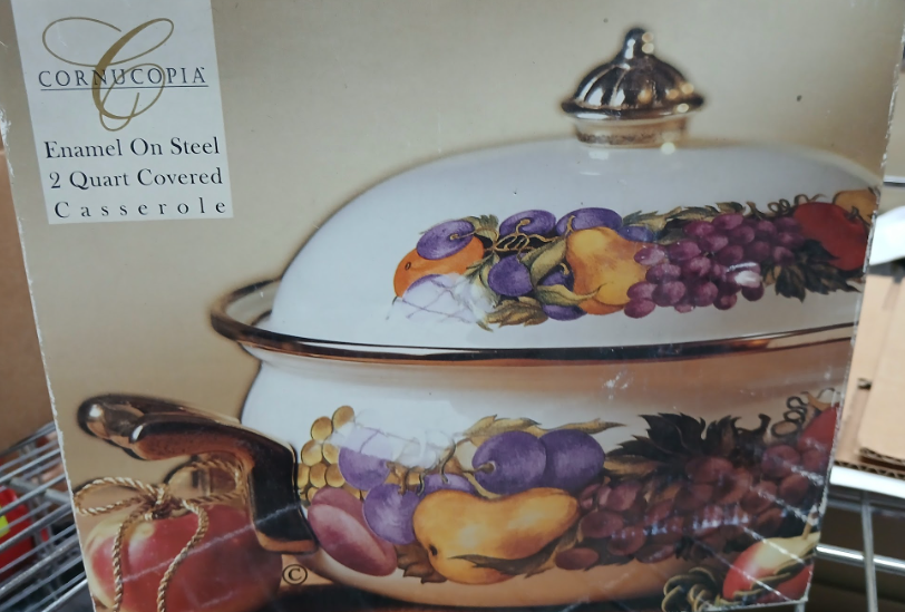 Cornucopia 2 Quart Enamel On Steel Covered Casserole with Fruit Design-Extra
