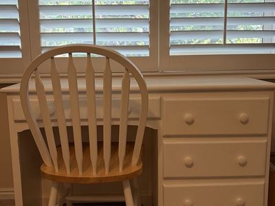 White Wooden Writing Desk with 4 Drawers and Matching Chair Set