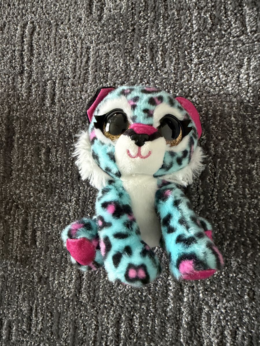 Cute Blue and Pink Leopard Print Stuffed Animal Toy Plush with Big Glitter Eyes