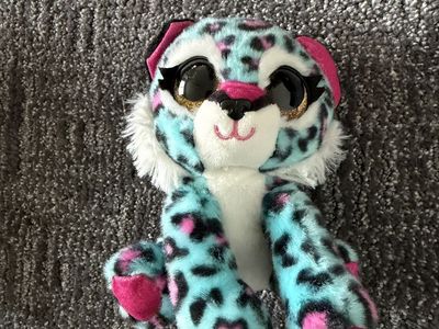 Cute Blue and Pink Leopard Print Stuffed Animal Toy Plush with Big Glitter Eyes