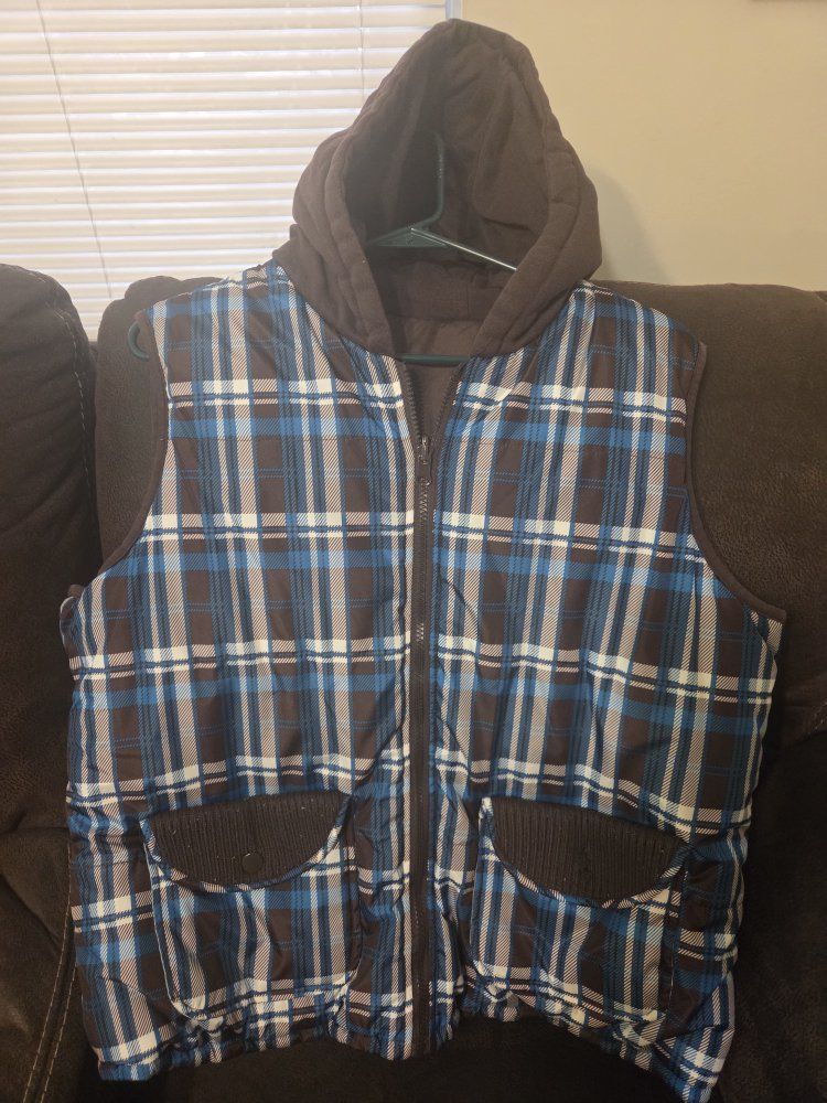Women's Blue and Brown Plaid Hooded Puffer Vest