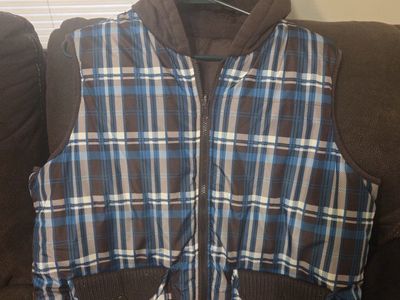 Women's Blue and Brown Plaid Hooded Puffer Vest
