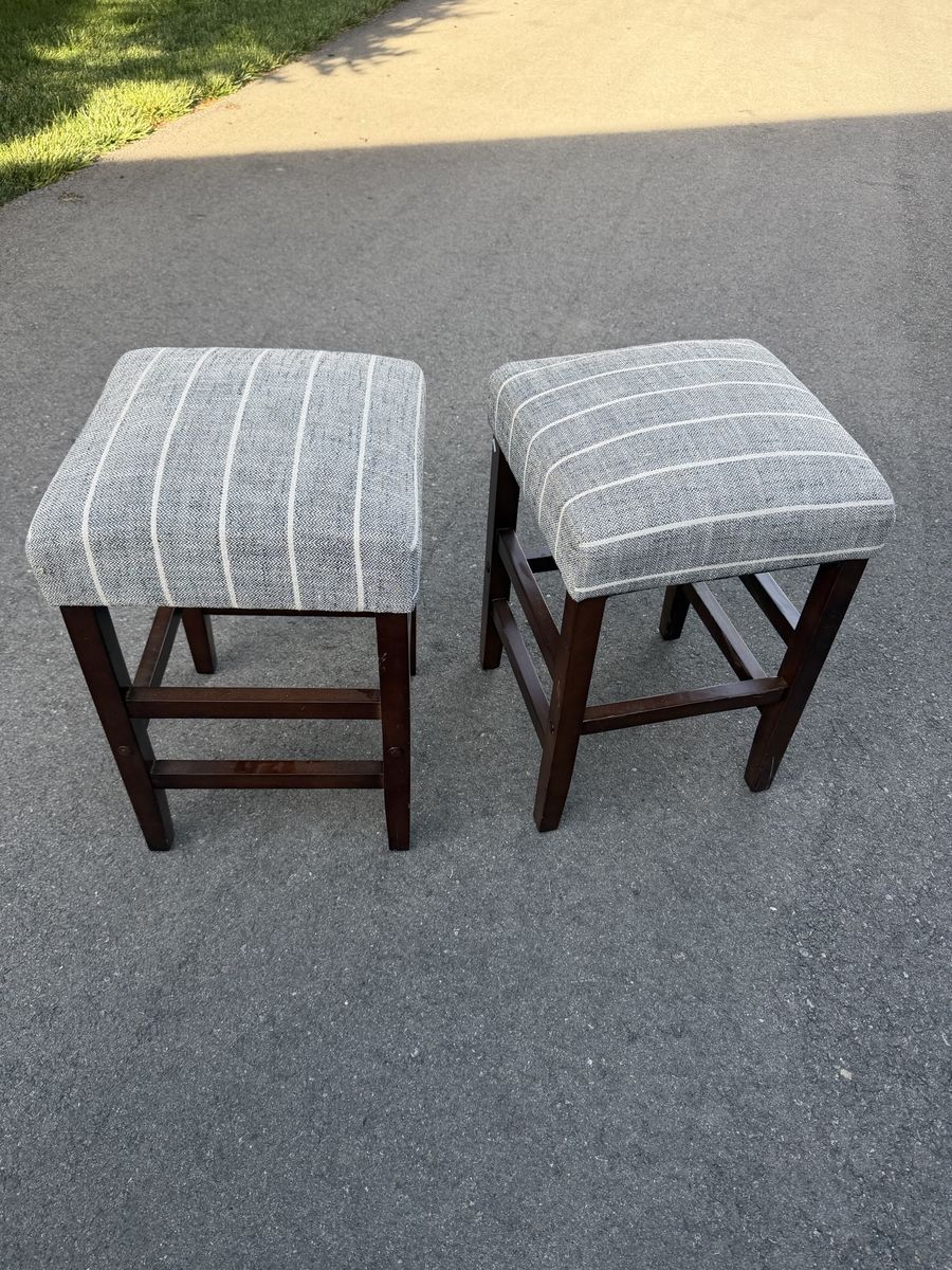 Pair of Upholstered Counter Height Stools – Gray & Espresso Wood