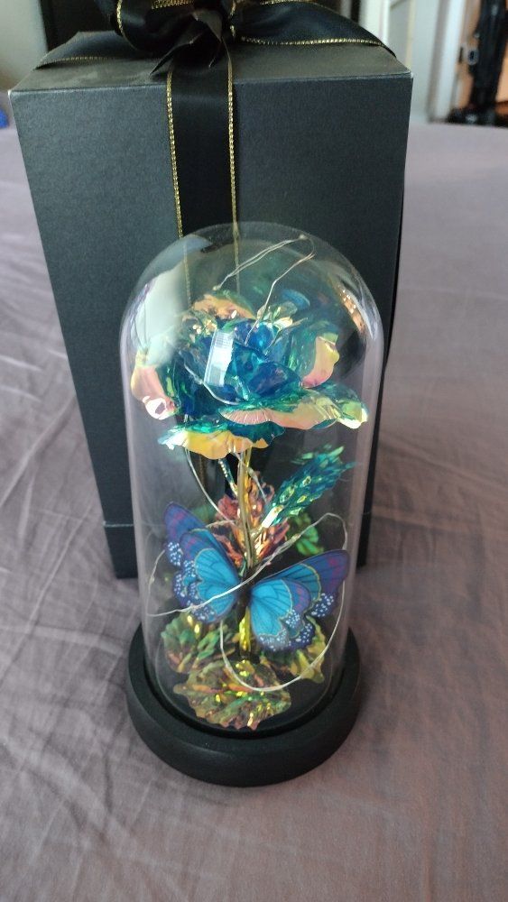 Enchanted Rose LED Light Glass Dome with Butterfly and Gift Box