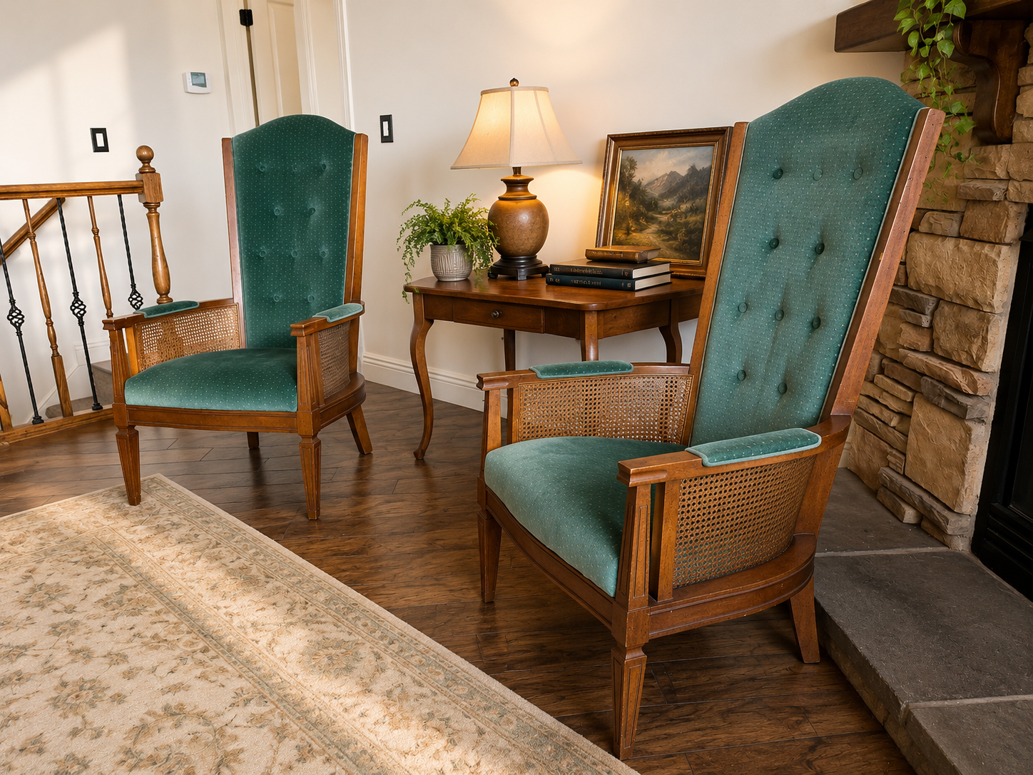 Vintage Thomasville Cane Back Chair Pair – Solid Wood, Tufted Upholstery