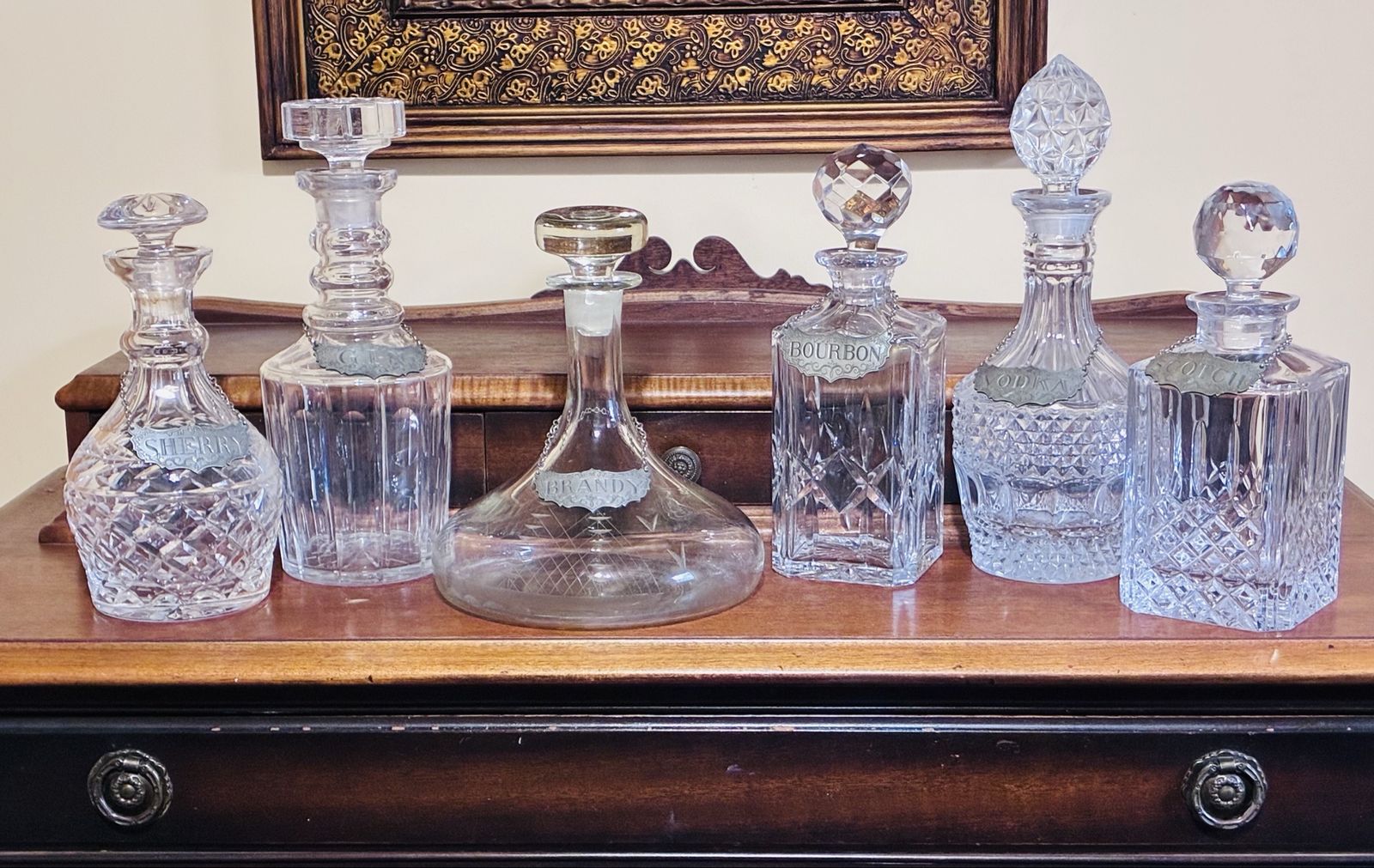 Vintage Crystal Decanter Set with Liquor Labels (Sherry, Gin, Brandy, Bourbon, Vodka, Scotch)