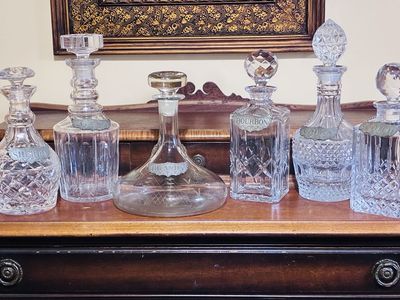 Vintage Crystal Decanter Set with Liquor Labels (Sherry, Gin, Brandy, Bourbon, Vodka, Scotch)