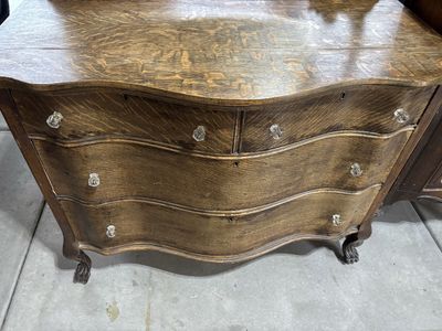 Antique Tiger Oak Dresser with Beveled Mirror and Glass Pulls - Vintage Bedroom Furniture