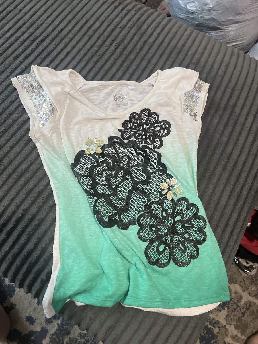 Justice Girls White Green Ombre Floral Sequins Tee Size 10
