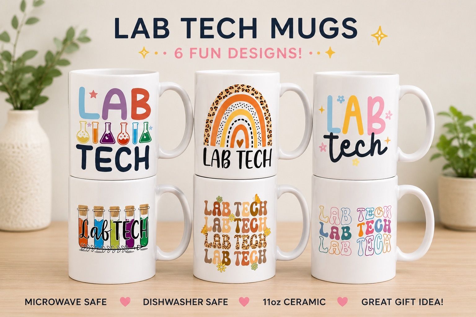 Lab Tech Ceramic Mugs - 6 Fun 11oz Designs, Microwave & Dishwasher Safe, Great Gift Idea