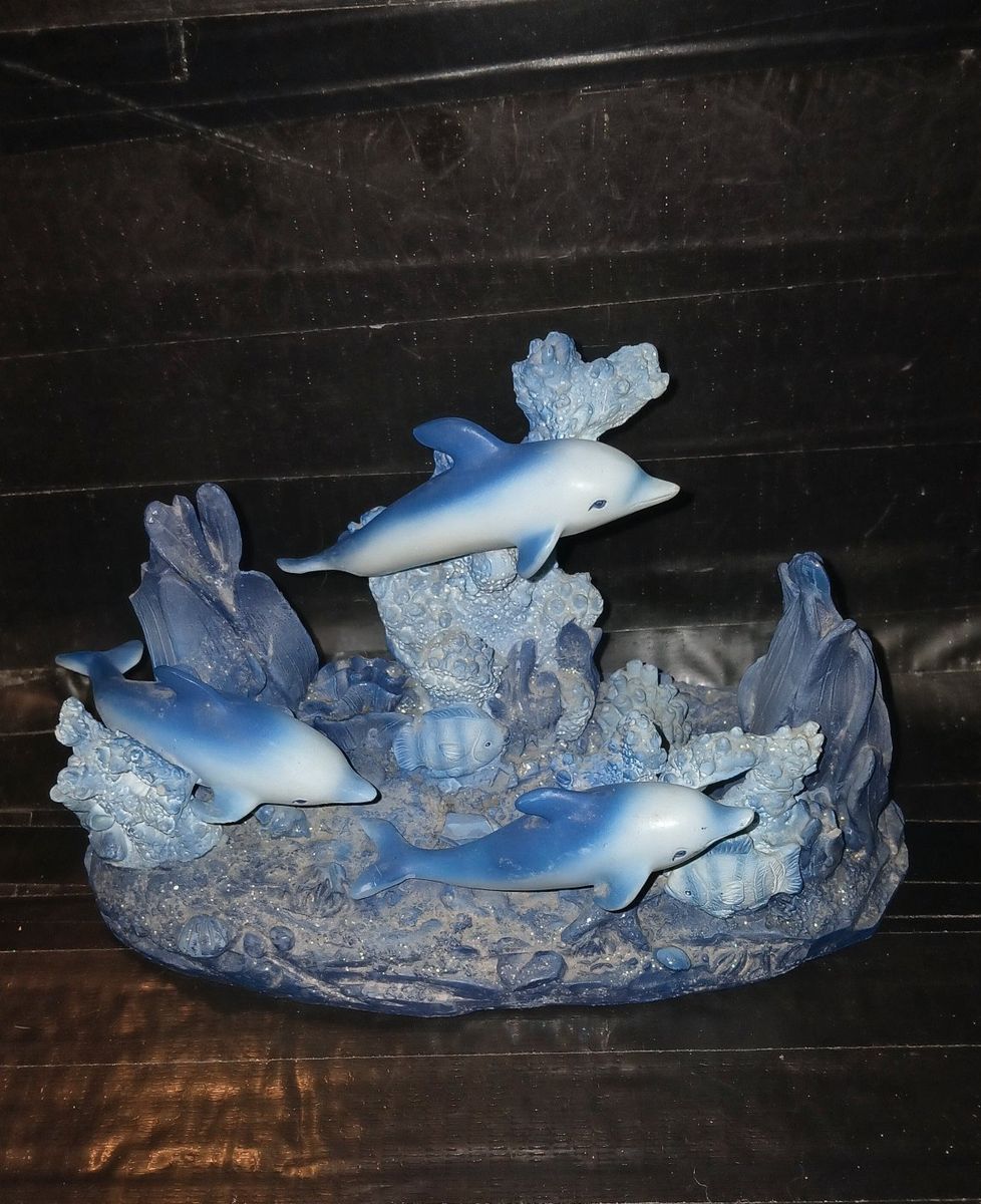 Ocean-Themed Dolphin Figurine, Blue & White, Marine Life Decor, Resin Statue