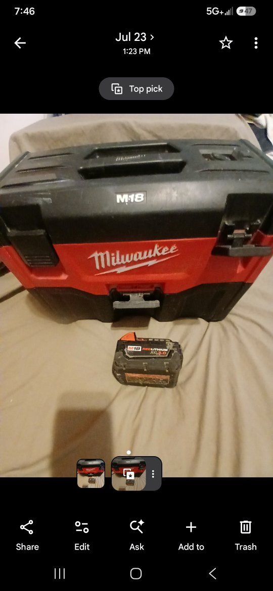 Milwaukee M-18 2 gallon wet/dry vac, 3ah Xc battery included