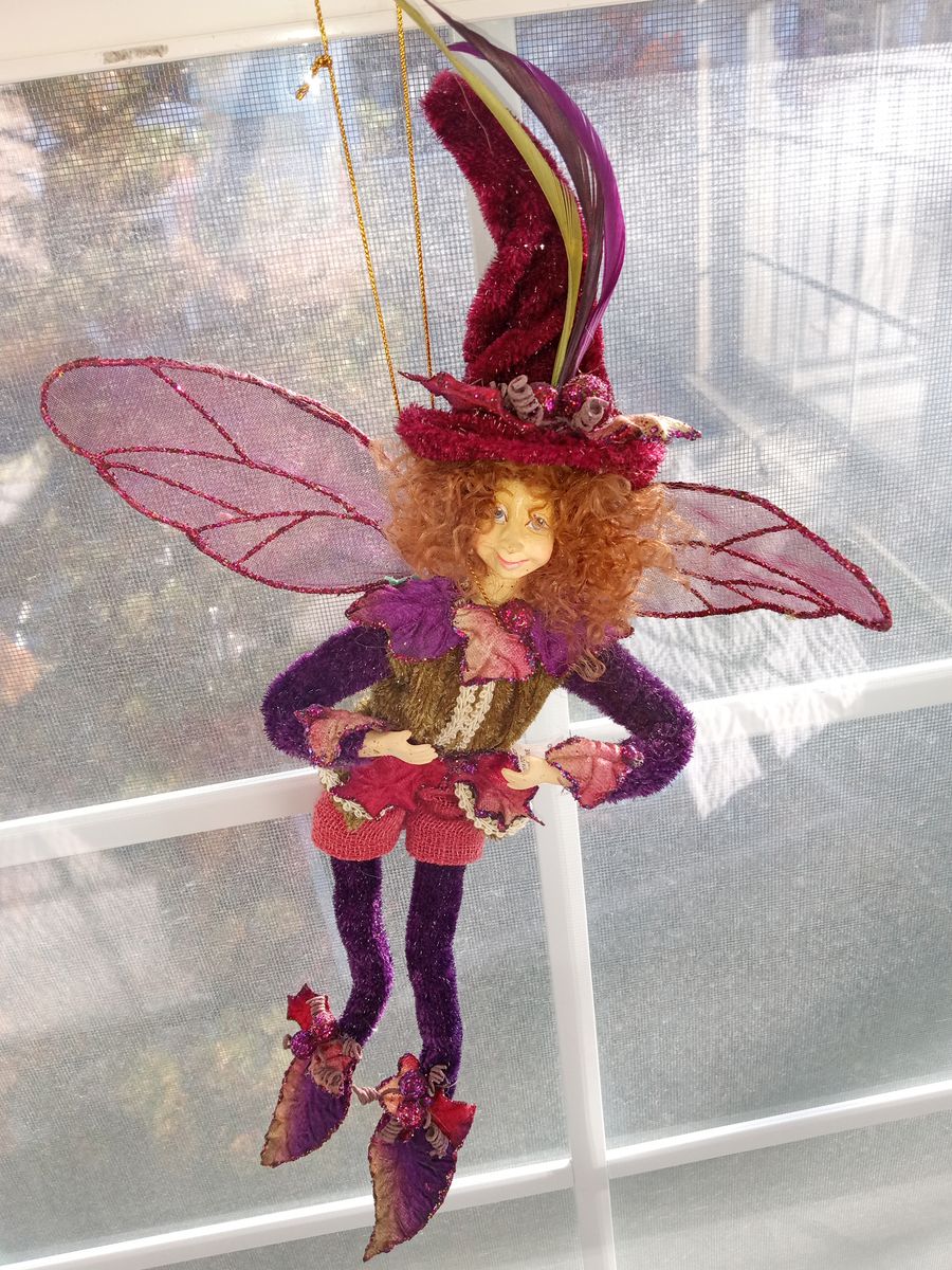 Decorative Hanging Fairy Doll with Burgundy Witch Hat and Sparkly Wings