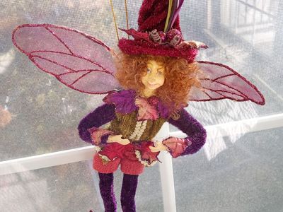Decorative Hanging Fairy Doll with Burgundy Witch Hat and Sparkly Wings