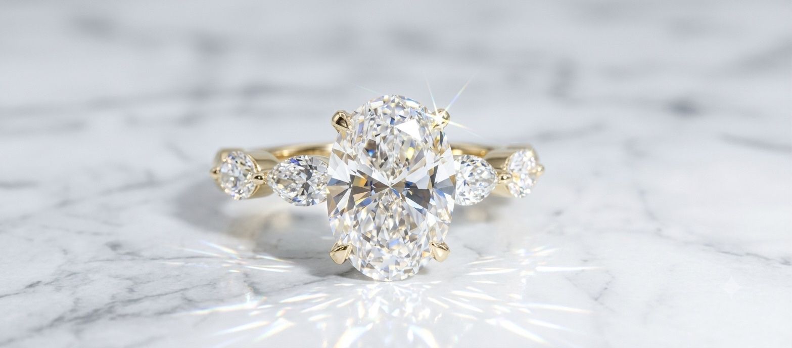 3.20 CT Oval Lab Diamond Ring with Marquise Side Stones and Hidden Halo in 14K Gold