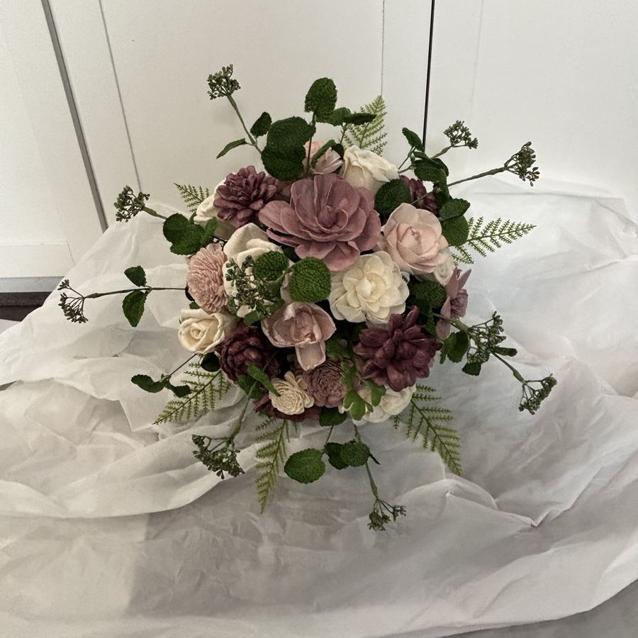 Handcrafted eggplant and Dusty Rose Sola Wood flower Bridal Bouquet