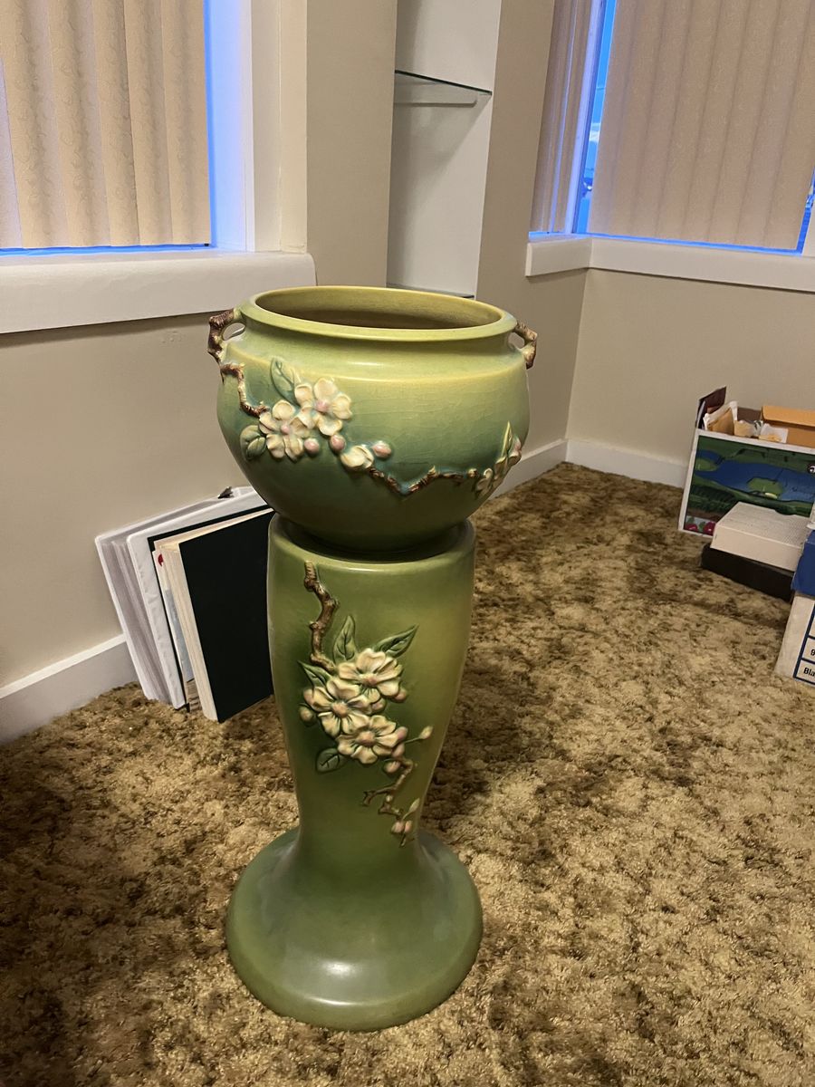 Vintage Roseville Planter Pot with Matching Pedestal Stand - Green Floral