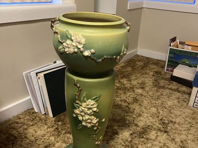 Vintage Roseville Planter Pot with Matching Pedestal Stand - Green Floral