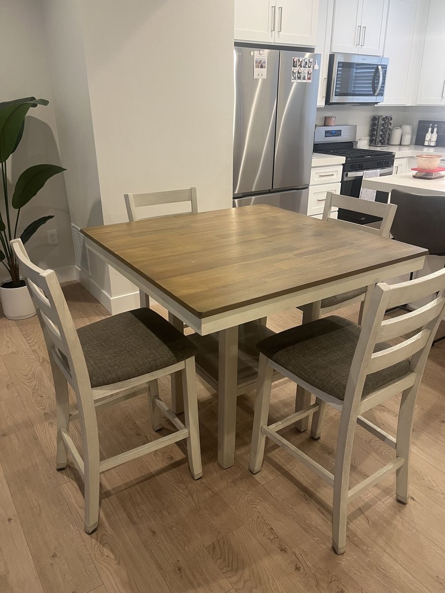 Square Counter-Height Dining Table Set with 4 Chairs - Wood Top, White Base