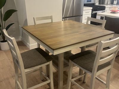 Square Counter-Height Dining Table Set with 4 Chairs - Wood Top, White Base