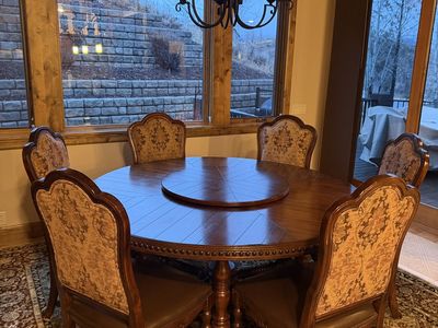 Dining room table and six chairs.