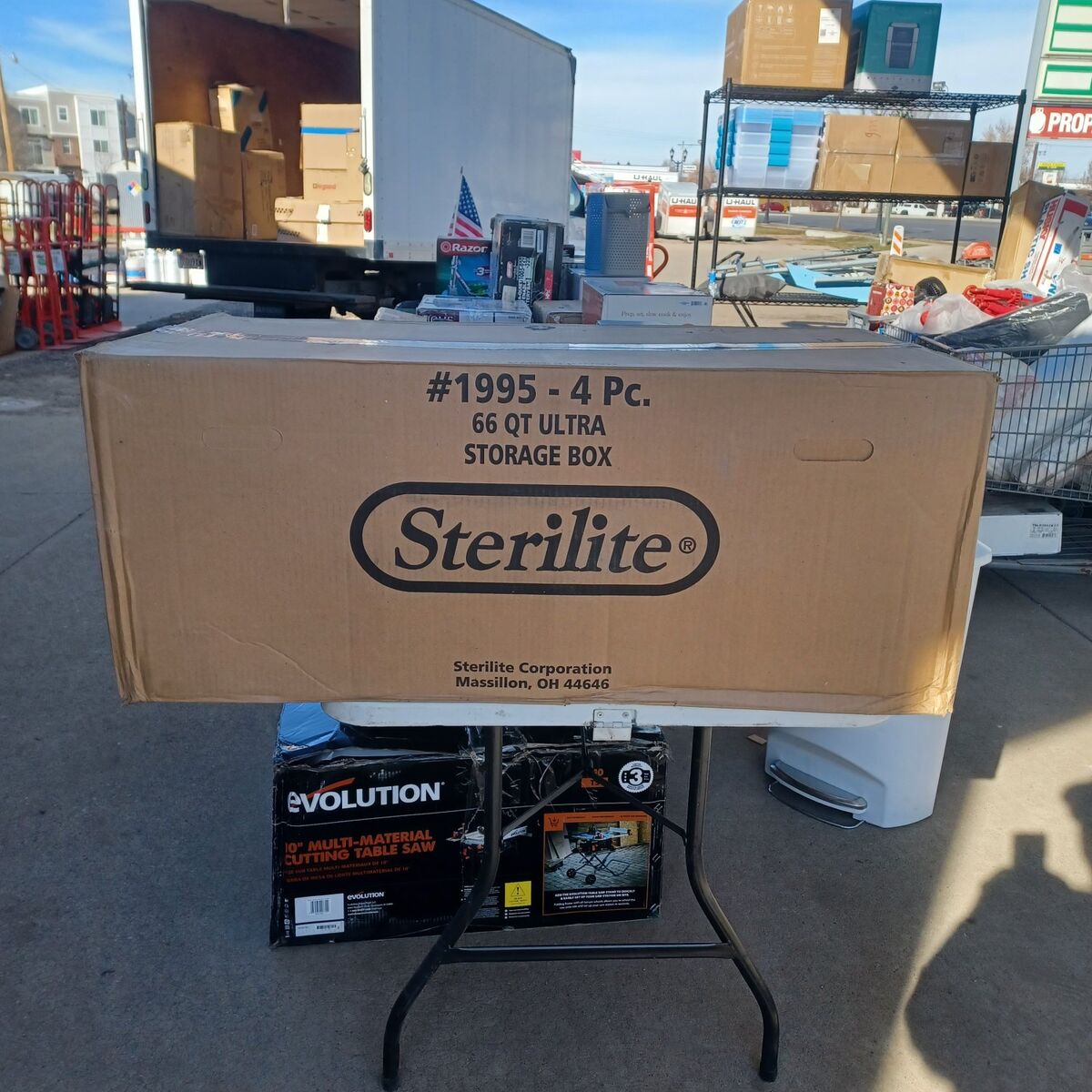 four pack Sterilite 66 quart wheeled latch box