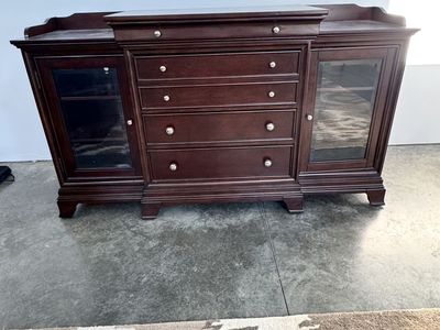 Traditional Dark Wood TV Sideboard with Glass Cabinets - Like new!!!