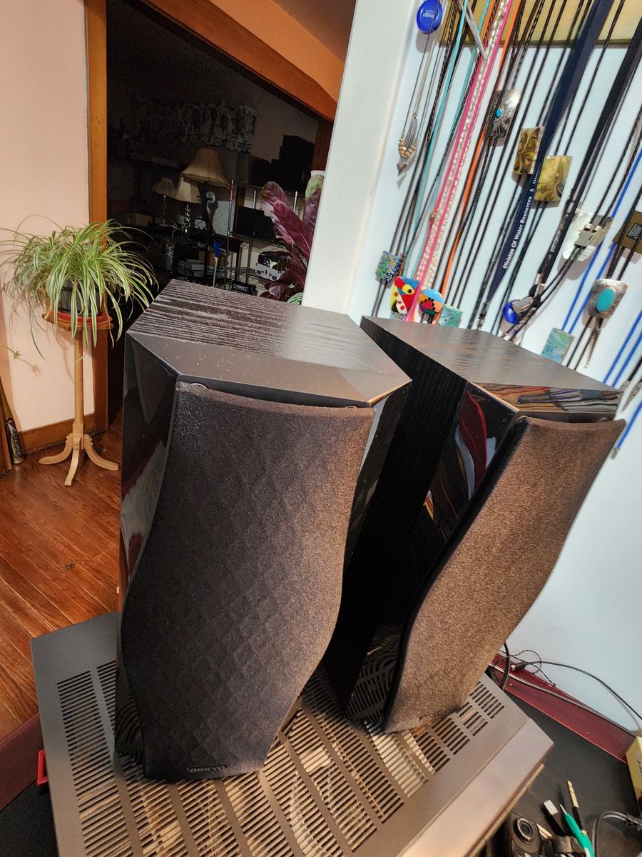 Onkyo bookshelf speakers 130 watt.  Very powerful and sound great.  Nice wood veneer.