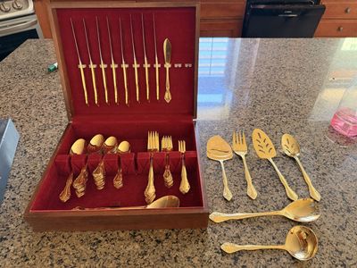 Vintage Gold-Plated Flatware Set with Wooden Storage Box
