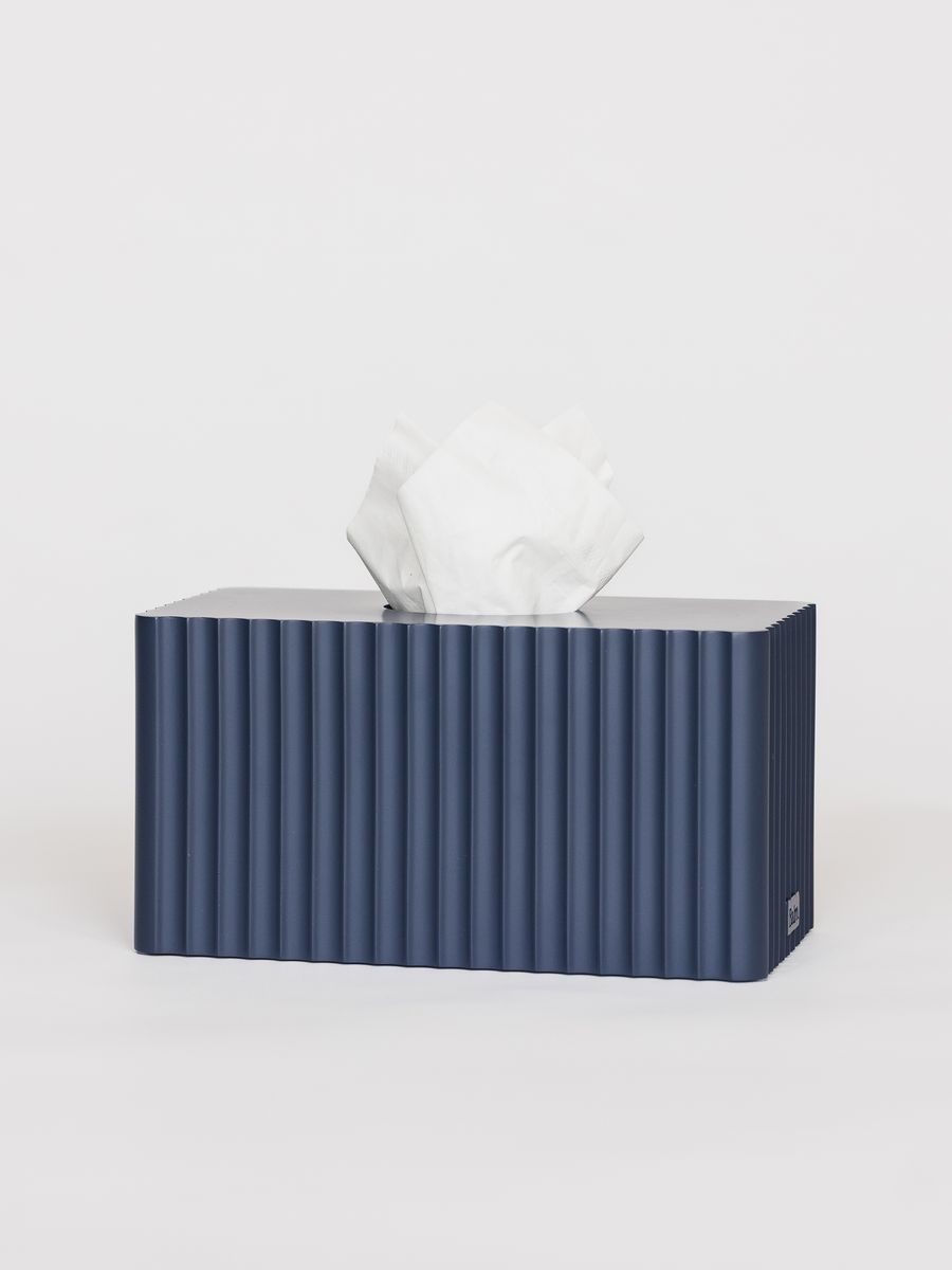 Navy Blue Fluted Rectangle Tissue Box Cover Weighted Modern Home Decor