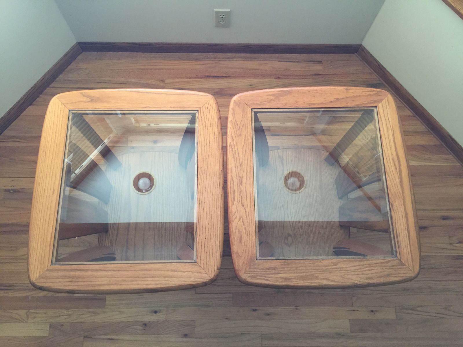 Pair of Solid Oak End Tables with Inset Glass Tops and Bottom Shelf
