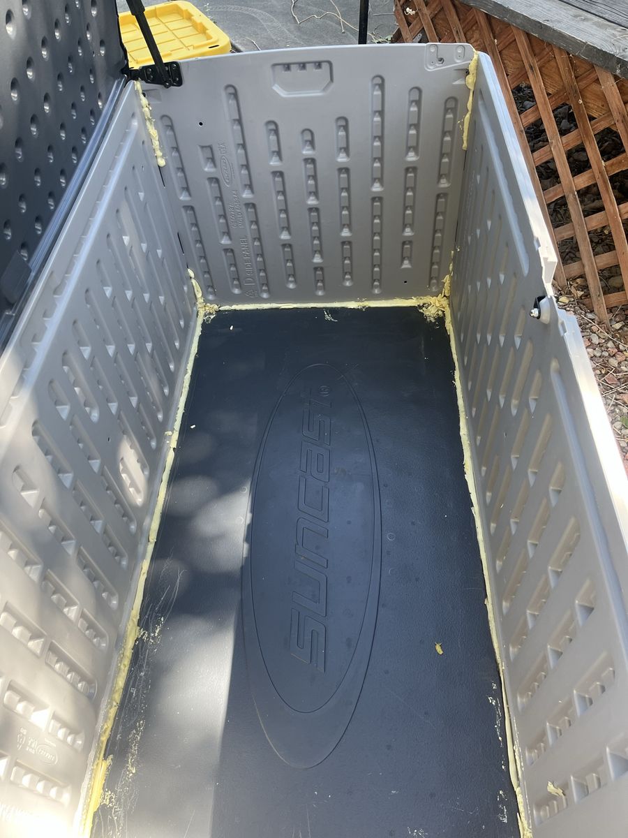 Suncast outdoor storage box.