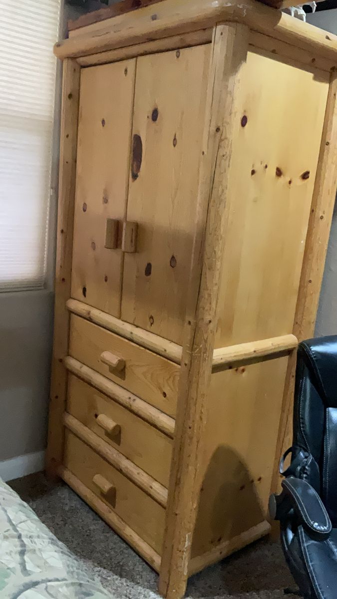 Rustic Wood Armoire Wardrobe with 2 Doors & 3 Drawers - Solid Pine Log Furniture Storage