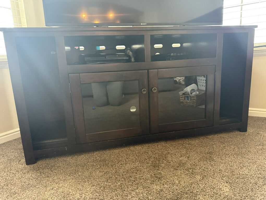 Solid Wood TV Stand / Media Console – Dark Brown