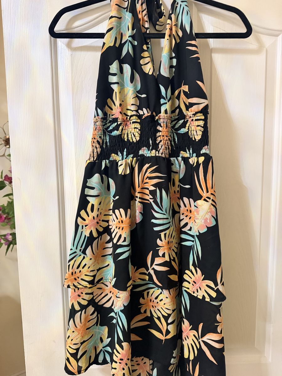 Tropical Leaf Print Halter Mini Dress - Size Large