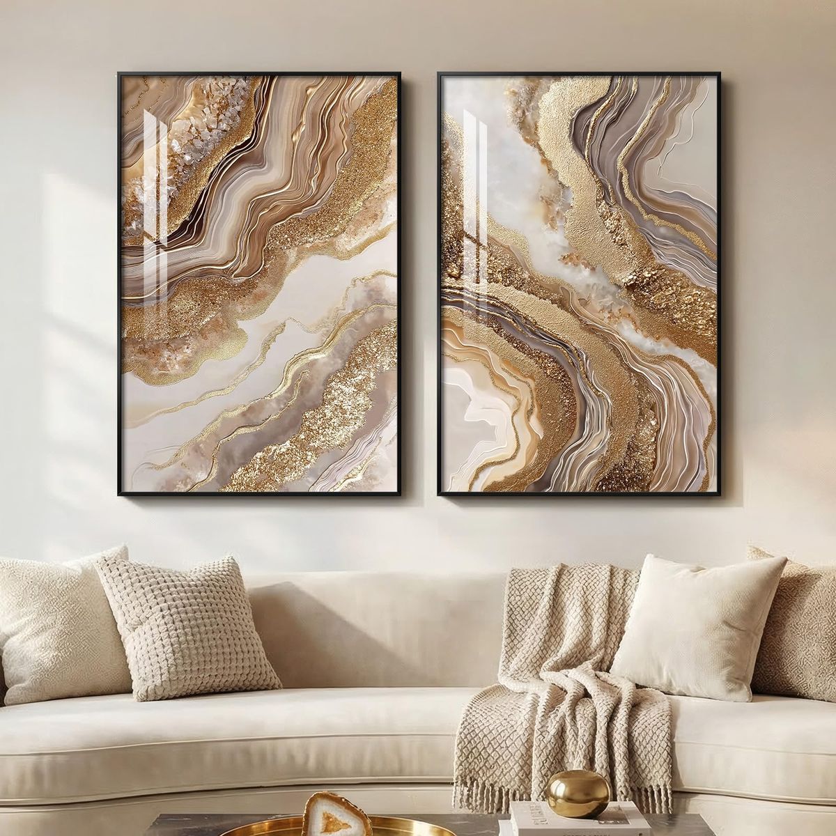 New Framed Abstract Brown Gold Wall Art for Living Room, 2 Piece Large Modern Luxury Artwork