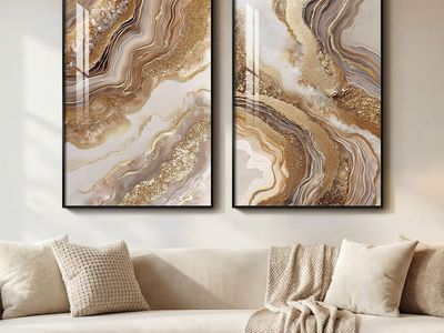 New Framed Abstract Brown Gold Wall Art for Living Room, 2 Piece Large Modern Luxury Artwork