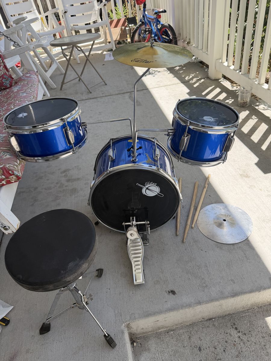Cadet Blue 3-Piece Junior Drum Set with Stool, Cymbals & Sticks - Kids/Beginner Kit