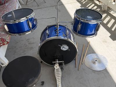 Cadet Blue 3-Piece Junior Drum Set with Stool, Cymbals & Sticks - Kids/Beginner Kit