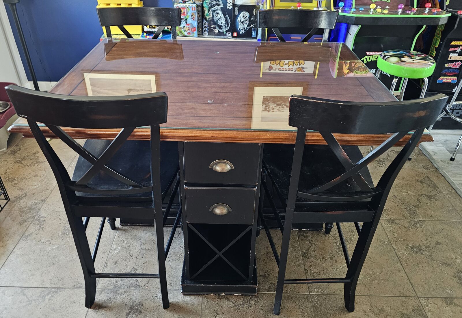 Counter height table and chairs with a real glass cover protector
