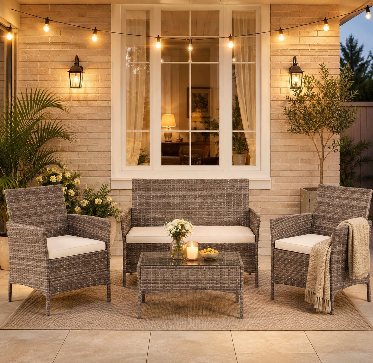 OUTDOOR PATIO WICKER FURNITURE SET – GRAY WITH BEIGE CUSHIONS AND COFFEE TABLE
