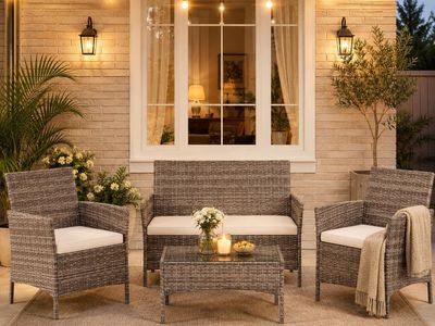 OUTDOOR PATIO WICKER FURNITURE SET – GRAY WITH BEIGE CUSHIONS AND COFFEE TABLE