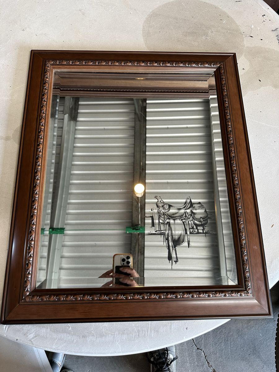 Framed Mirror Beveled With Saddle Engraved