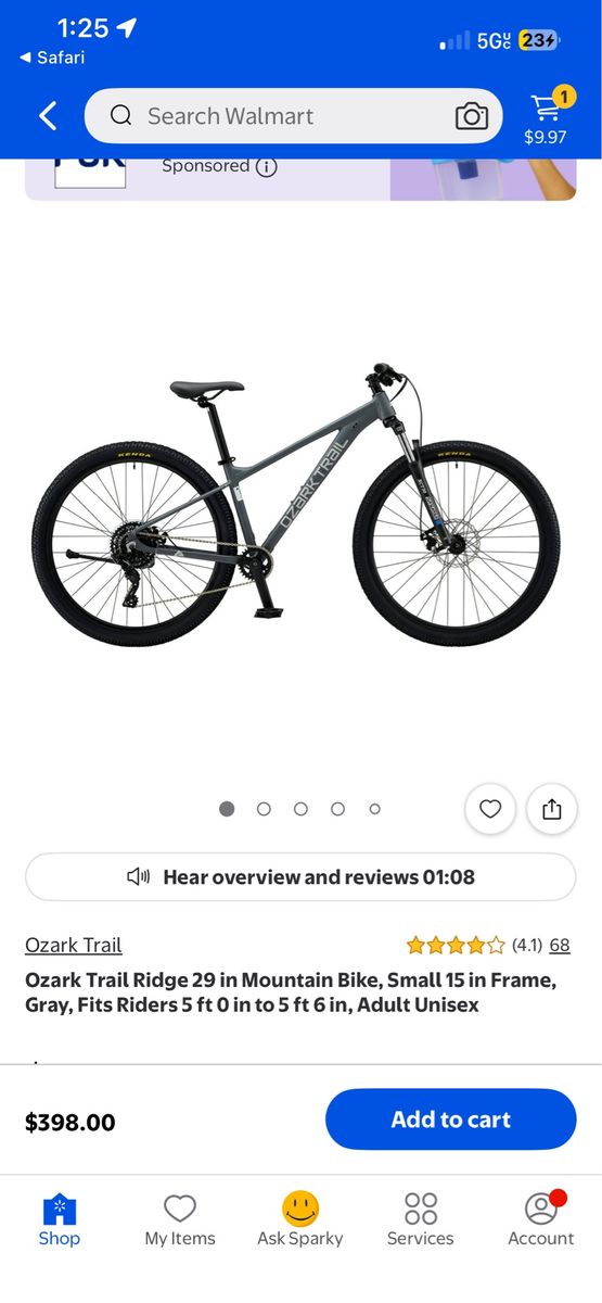 ozark Trail, Mountain Bike, 15 inch frame, disc brakes, eight speed