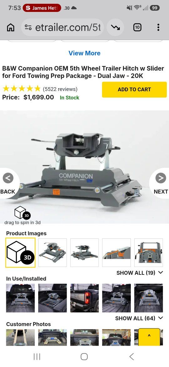 B&W Companion OEM 5th Wheel Trailer Hitch w/ Slider for Ford Towing Prep Package - Dual Jaw - 20K