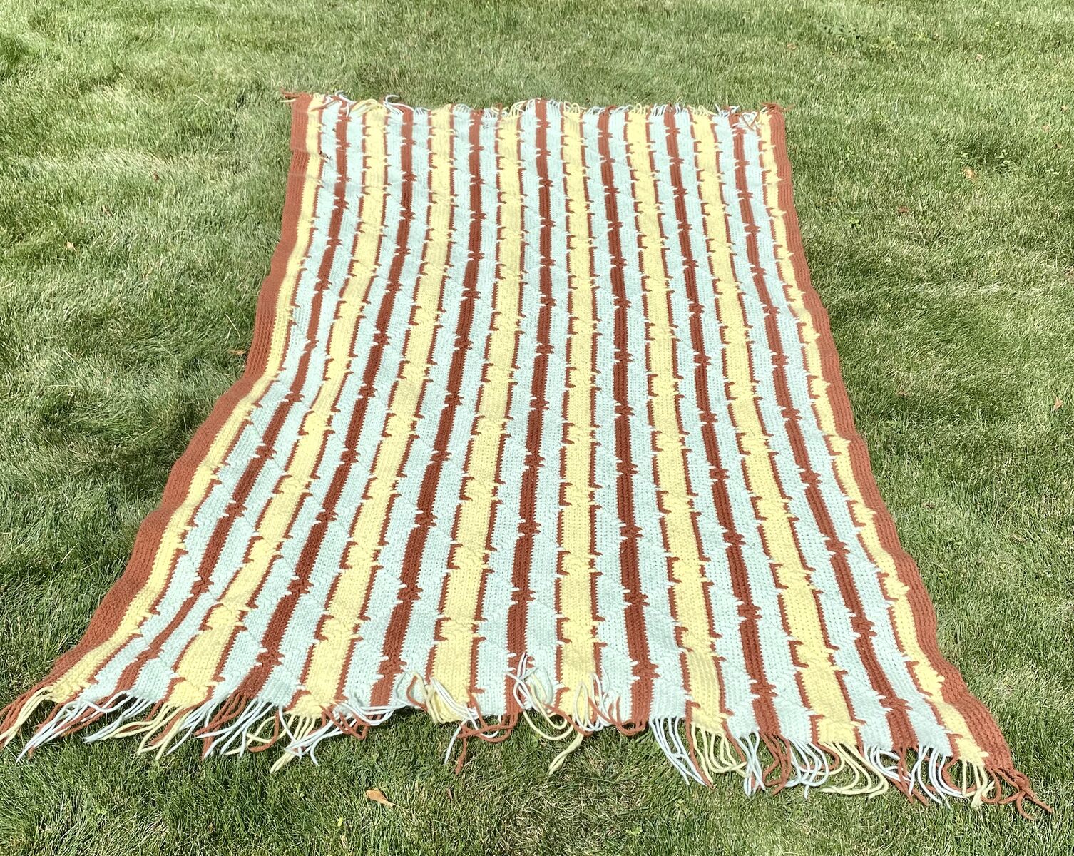 Shades of Brown-Yellow-Mint Handmade VINTAGE Blanket - Approximately 45x72 - Great Condition- C PIX