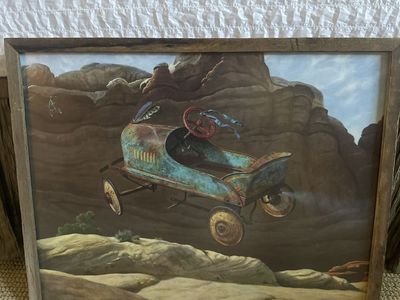 Vintage Style Pedal Car Desert Landscape Framed Wall Art Print - 24x18" Rustic Decor