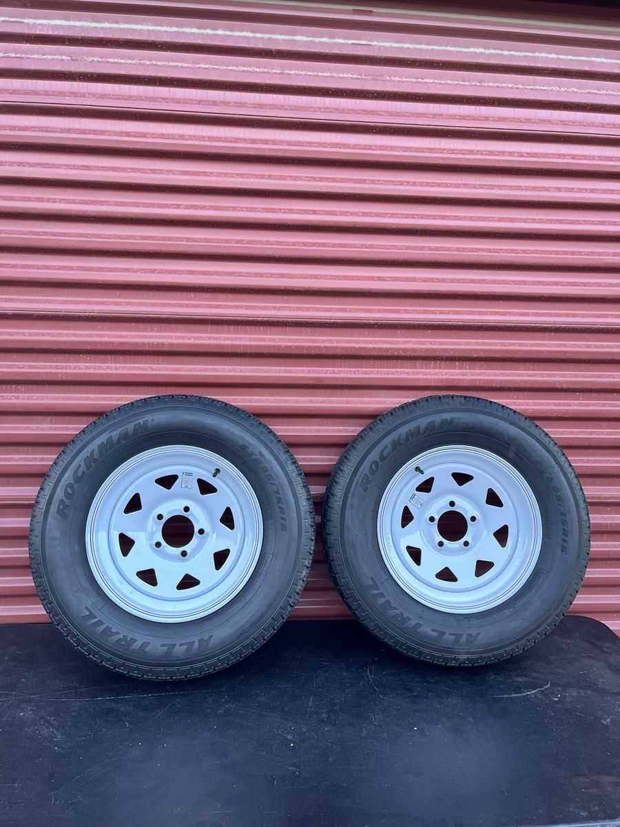 New Set of 2 Rockman ST 205/75 R 15 Trailer Tires Mounted on New White Spoke Wheels. 8 Ply D Load 5 on 4.5